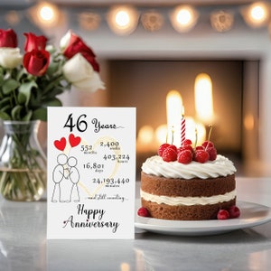 Mark your 46 year anniversary with an enchanting card showcasing a golden heart and intertwined heart balloons, held by stick figures, elegantly accompanied by an anniversary cake, adding a touch of timeless charm to your celebration.