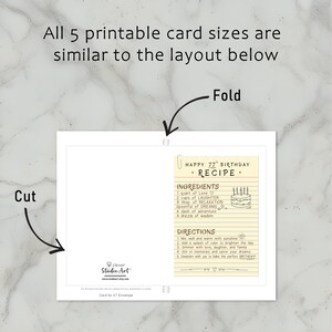 The 77th recipe birthday card template provides simple instructions for printing, cutting, and folding. Its consistent layout is easy to use across all 5 available card sizes.