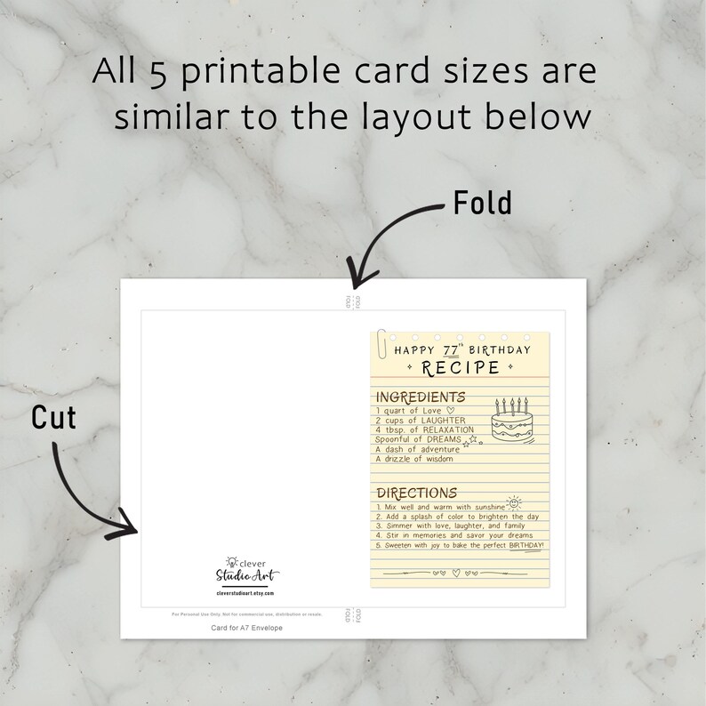 The 77th recipe birthday card template provides simple instructions for printing, cutting, and folding. Its consistent layout is easy to use across all 5 available card sizes.