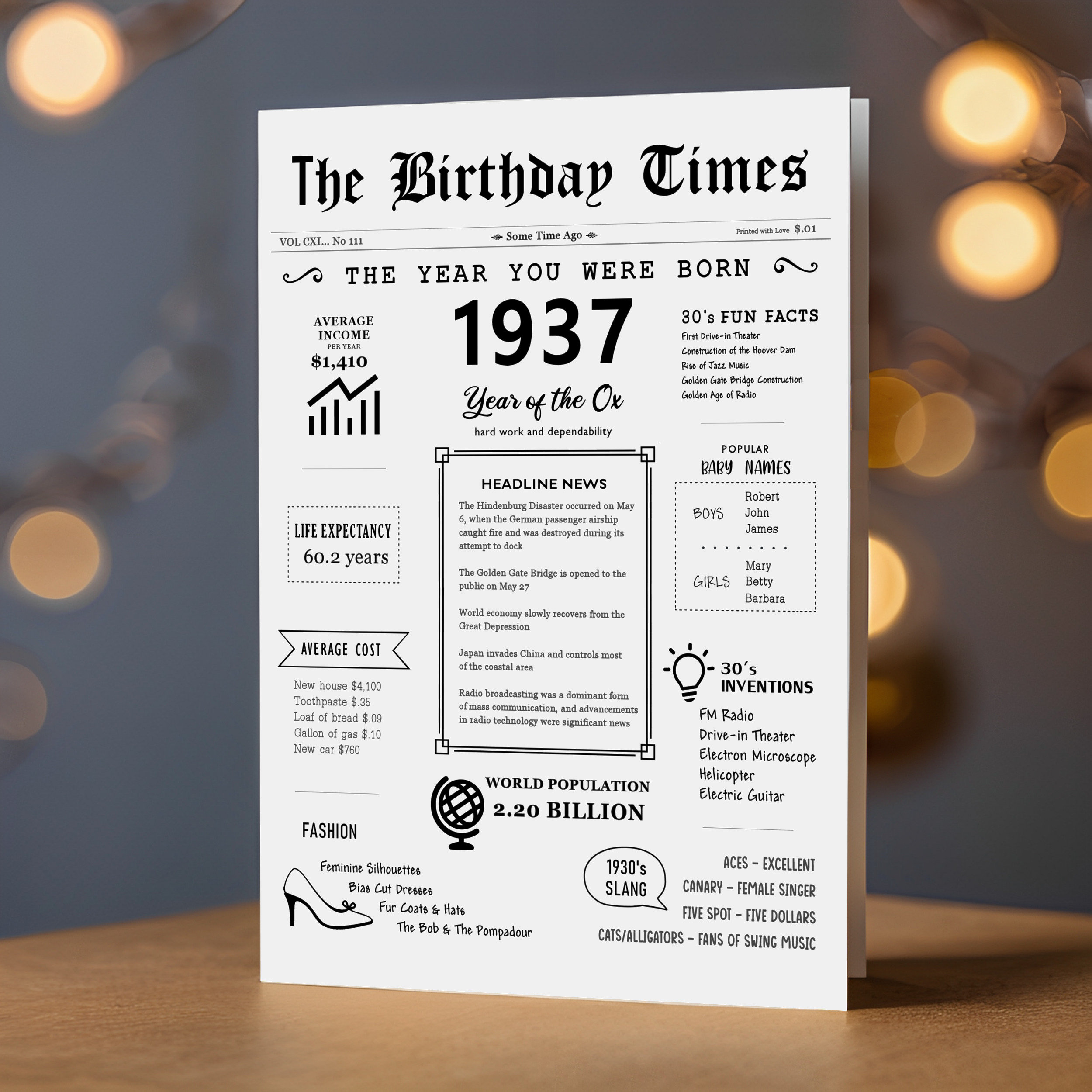 1937 Year You Were Born PRINTABLE Birthday Card, 1937 Birthday Card ...