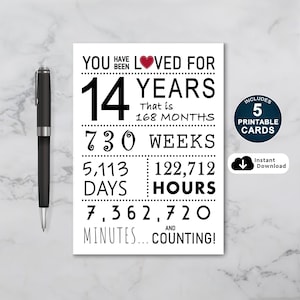Tarjeta de cumpleaños número 14, tarjeta de cumpleaños imprimible, te han amado durante 14 años, tarjeta de cumpleaños número 14 para hija o hijo