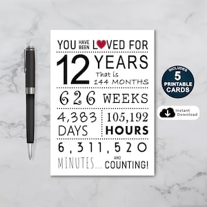 Tarjeta de cumpleaños número 12, tarjeta de cumpleaños imprimible, te han amado durante 12 años, tarjeta de cumpleaños número 12 para hija o hijo