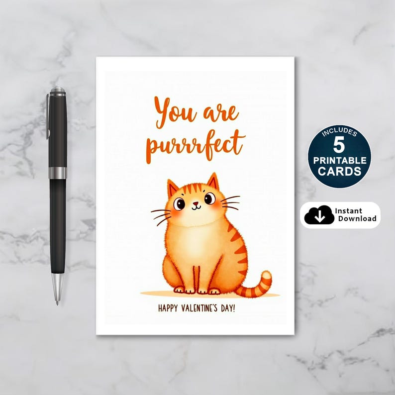 Cute Valentine greeting card featuring an adorable orange cat sitting on a white background. The card includes the phrase You are purrrfect in orange lettering above the cat.
