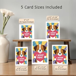 Adorable dog Valentine card available in multiple sizes. A sweet puppy hugs a pink heart with the words I Woof You, surrounded by a bright patterned background with playful dots.