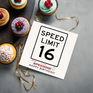 Celebrate their 16th birthday with a charming Speed Limit Birthday Card, beautifully showcased alongside cupcakes. This delightful pairing adds a memorable touch to their special day, marking the beginning of an exciting new chapter in their life.