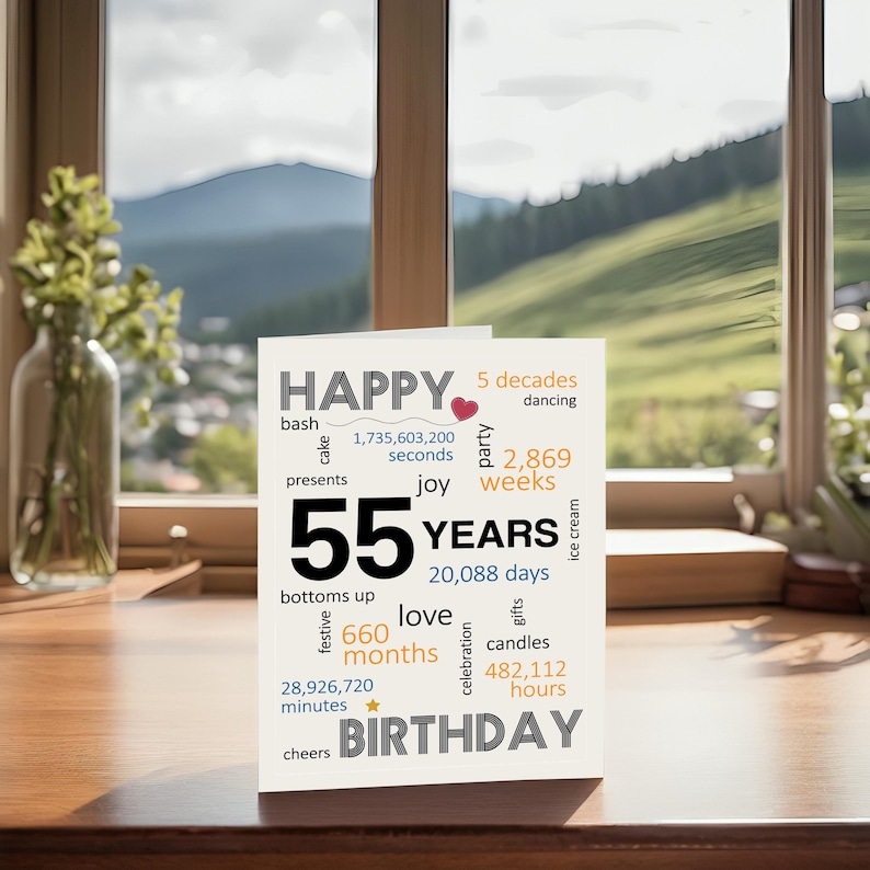 Celebrate a 55th birthday with an enchanting card on a table, set against a beautiful landscape backdrop. The birthday card features joyful wishes like cheers, joy, gifts, love, and a special mention of the exact years, months, days and hours.