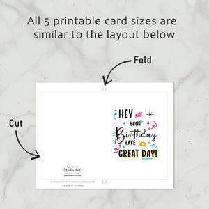 The Birthday Card template includes clear cutting and folding guidelines after printing, ensuring ease of use across all five sizes.