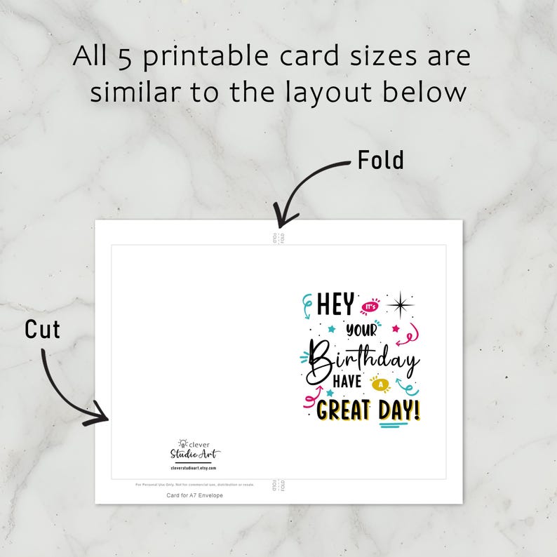 The Birthday Card template includes clear cutting and folding guidelines after printing, ensuring ease of use across all five sizes.