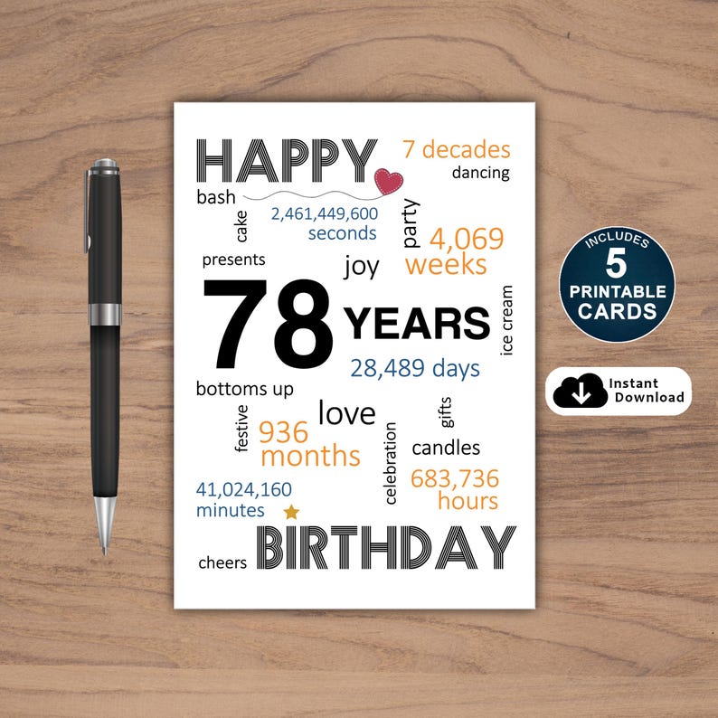 Celebrate a 78th birthday with our exclusive birthday card, available in five popular sizes. Instantly download and choose the perfect birthday card to send to your loved one, making their special day even more memorable.