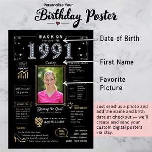 Available in 5 sizes and ready for instant download, our custom 1991 birthday printable is perfect for any celebration or space. Whether you’re decorating for a birthday party, adding a nostalgic touch to your home, or creating a memorable keepsake, you can personalize it with a name, birth date, and photo to make it truly unique.
