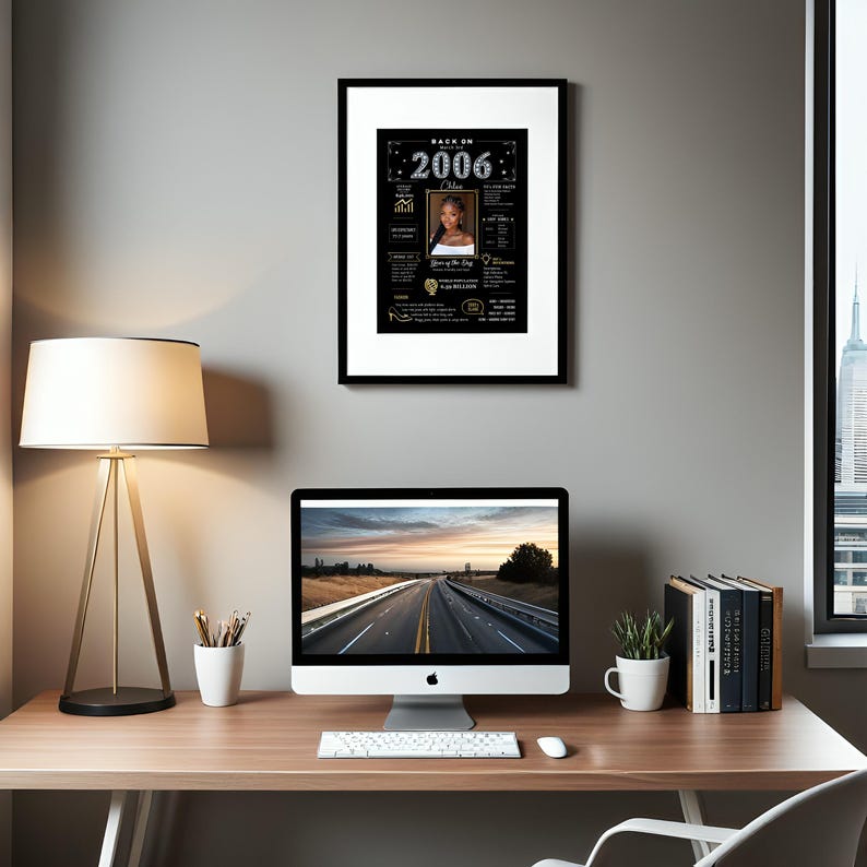 Enhance your workspace by hanging the Back in 2006 printable birthday poster behind your desk, adding a touch of delightful vintage charm from 2006. Personalized with a name, date of birth, and photo, it brings both character and meaning to your space.