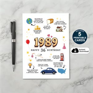 36.Geburtstagskarte 1989 zum ausdrucken, 36.Geburtstag Geschenk für Mann, Frau, Sohn, Tochter, 1989 Fun Facts Card, Instant Download