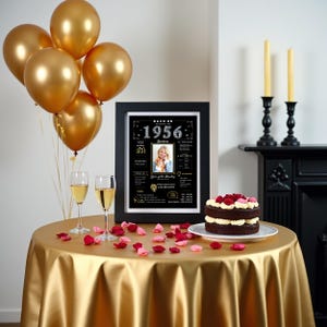 Celebrate in style with our personalized 1956 birthday poster! Featuring fun facts, major events, and pop culture from 1956, it’s the perfect party centerpiece and conversation starter. Customize with a name, birth date, and photo for a keepsake they’ll cherish.