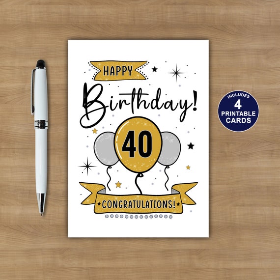 Printable 40th Birthday Card Happy 40th Birthday Card - Etsy