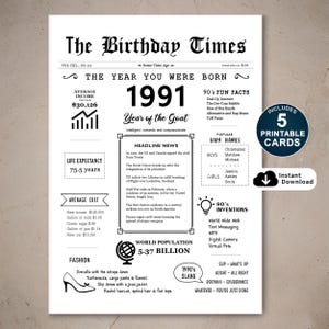34.Geburtstagskarte, druckbare Geburtstagskarte, geboren 1991, Geschenk für Sie oder Ihn, INSTANT DOWNLOAD