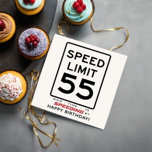 Celebrate their 55th birthday with a charming Speed Limit Birthday Card, beautifully showcased alongside cupcakes. This delightful pairing adds a memorable touch to their special day, marking the beginning of an exciting new chapter in their life.