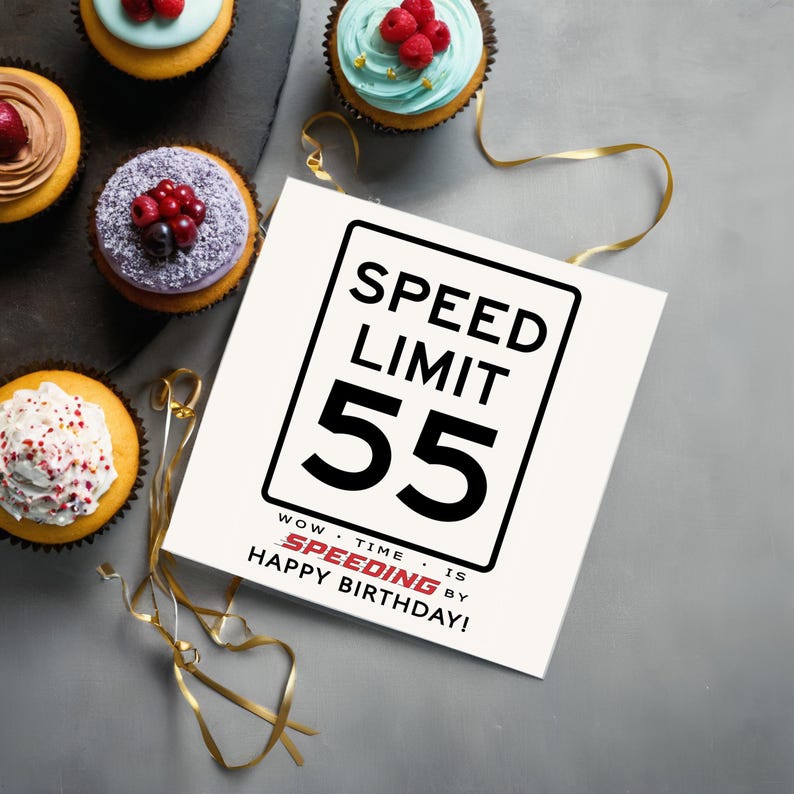 Celebrate their 55th birthday with a charming Speed Limit Birthday Card, beautifully showcased alongside cupcakes. This delightful pairing adds a memorable touch to their special day, marking the beginning of an exciting new chapter in their life.