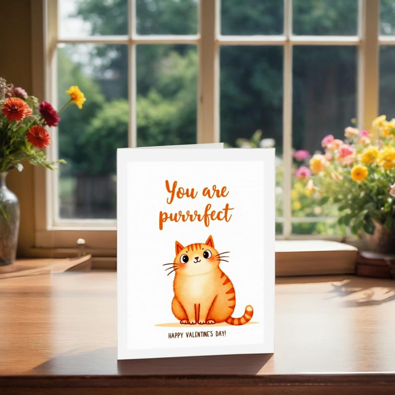 Charming Valentine card displayed next to treats. The illustration includes an orange cat with whiskers and the phrase You are purrrfect on a clean background.