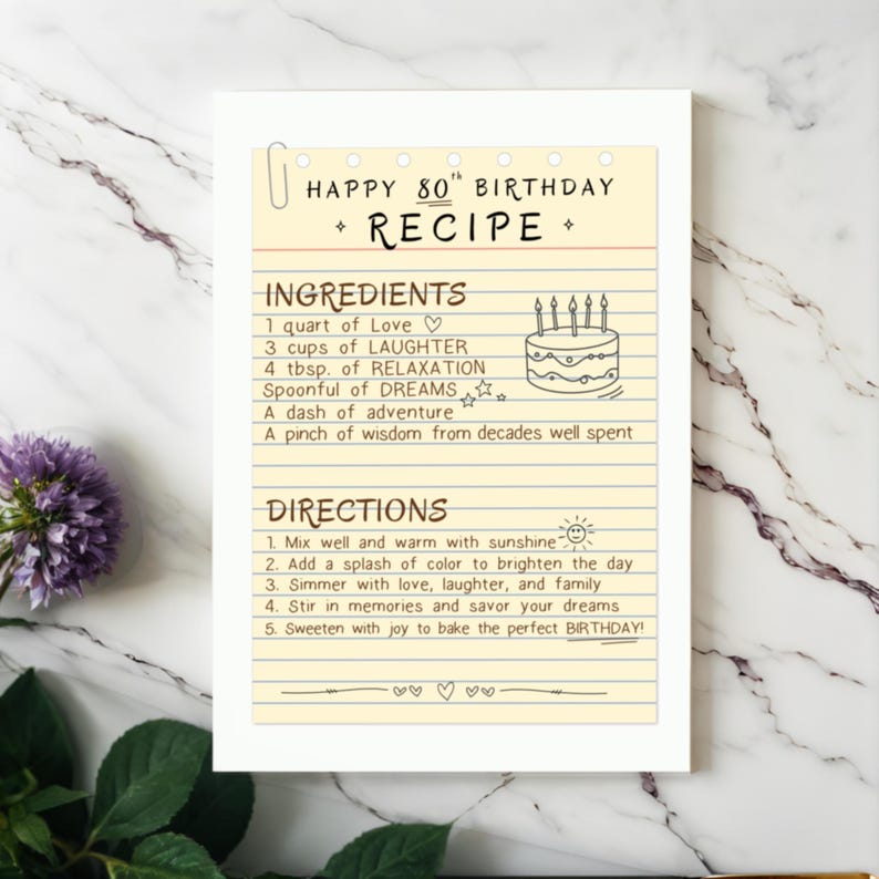 Celebrate their 80th birthday with a one of a kind 80th recipe Birthday Card that is a recipe for life, mixing love, adventure, and dreams. The original birthday card is shown next to elegant flowers on a granite countertop.