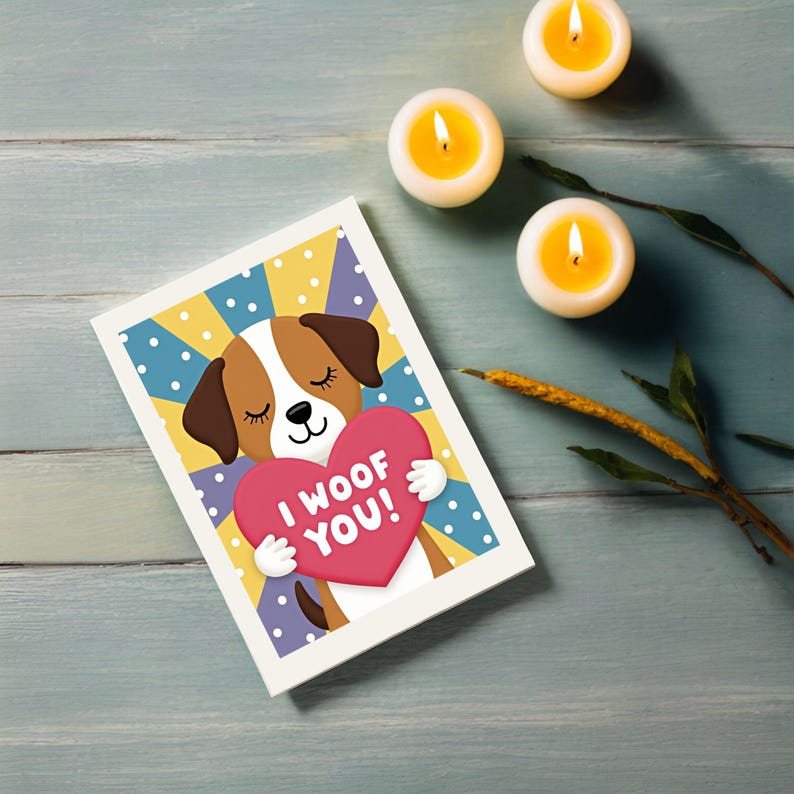 Playful Valentine greeting card displayed next to candles. The card features a sweet puppy holding a pink heart that reads I Woof You, with a fun polka dot background.