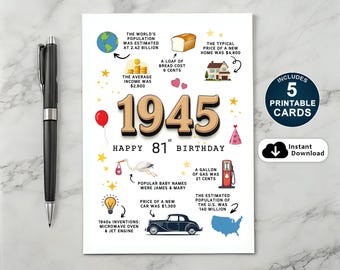 81st Birthday Card: 1945 Fun Facts, Printable Gift (Instant Download)