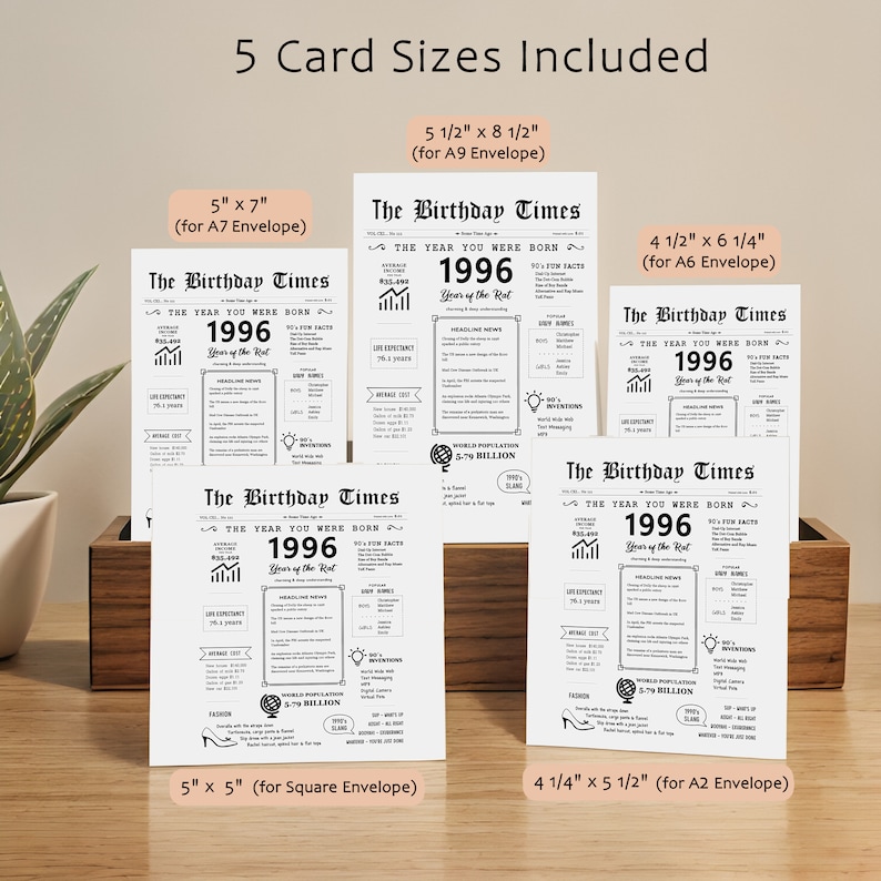 Our 1996 birthday printable card comes in the 5 most common birthday card sizes. Download instantly and choose the perfect card to send to your loved one for a joyous celebration of their 1996 birthday.