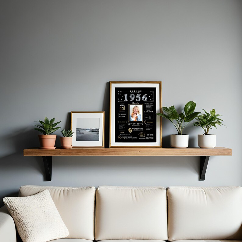 Bring 1956 charm to any room with our Back in 1956 birthday poster. Ideal for a family room, office, or bedroom, its retro design grabs attention and sparks conversation. Personalized with a name, birth date, and photo, it adds a meaningful, heartfelt touch to your décor.