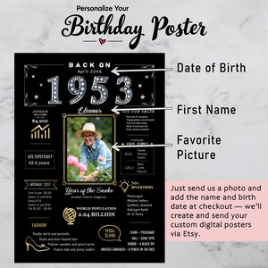 Available in 5 sizes for instant download, this 1953 birthday poster brings retro charm to any celebration or space, personalized with their name, birth date, and photo for a truly unique keepsake.