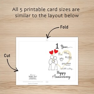 The 1st anniversary card template offers clear guidelines for cutting and folding the card after printing. This consistent layout ensures ease of use across all five of the anniversary cards.