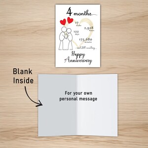 The inside of the 4 month anniversary printable card is intentionally blank, allowing you to pen your heartfelt message, imparting a personal touch to your 4 month anniversary.