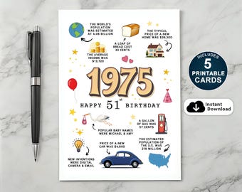 51st Birthday Card: 1975 Fun Facts, Printable Keepsake (Instant Download)