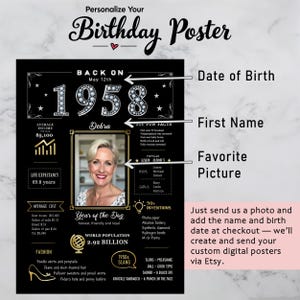 Available in 5 sizes for instant download, our 1958 birthday poster adds retro charm to any celebration or space. Personalize with a name, birth date, and photo for a unique keepsake.