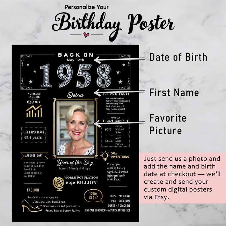 Available in 5 sizes for instant download, our 1958 birthday poster adds retro charm to any celebration or space. Personalize with a name, birth date, and photo for a unique keepsake.