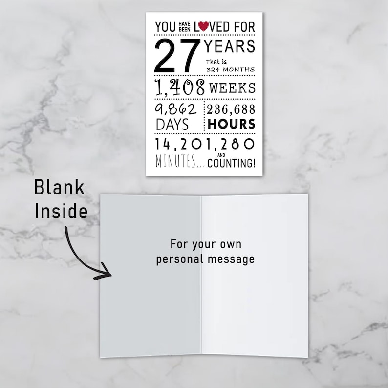The inside of the 27th birthday printable card is left blank, giving you the space to write a heartfelt message and add a personal touch to their special day.