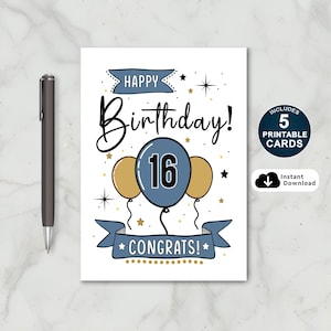 Druckbare Karte zum 16. Geburtstag | 16.Geburtstagskarte | Alles Gute zum 16 16.Geburtstagskarte | Herzlichen Glückwunsch zum 16.Geburtstag