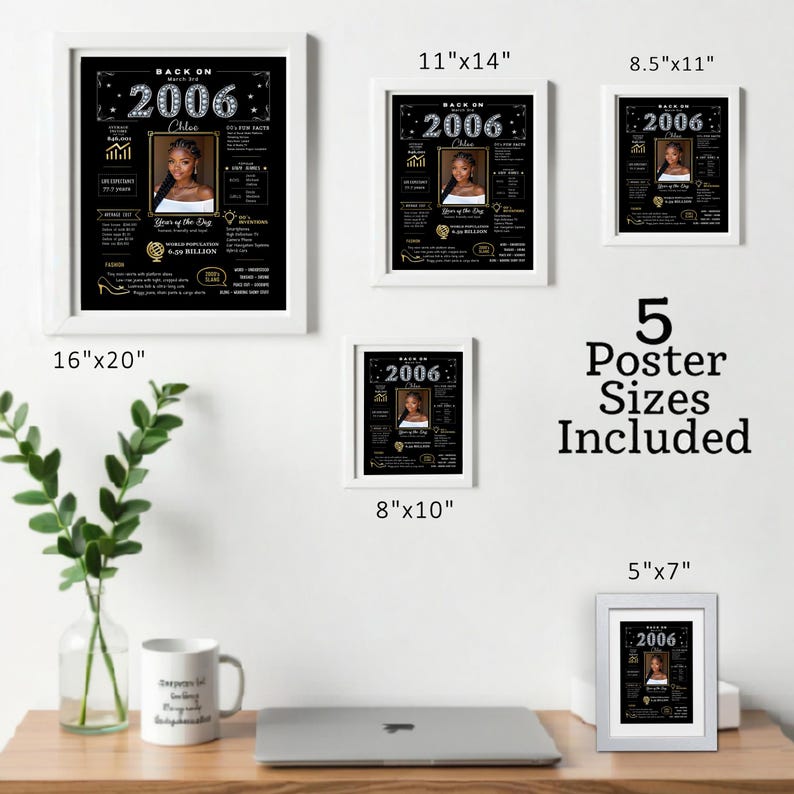 Our custom 2006 birthday printable is available in five poster sizes, ready for instant download. Choose the perfect fit for your birthday celebration, home décor, or to add a nostalgic touch to your favorite frame. Personalize it with a name, date of birth, and photo to make it truly one-of-a-kind.