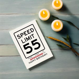 Celebrate their 55th birthday with a charming Speed Limit Birthday Card, paired with glowing yellow candles. This delightful combo adds a memorable touch to their special birthday, marking the start of an exciting new chapter in their life.