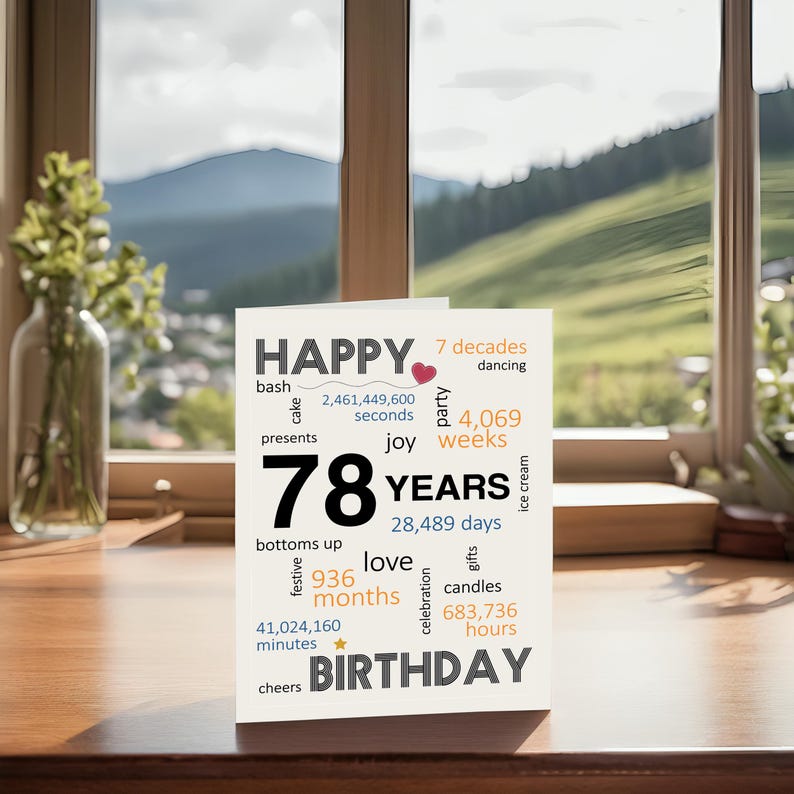 Commemorate their 78th birthday with an enchanting card next to a beautiful display of yellow flowers. It features joyful wishes like dancing, cake, festive, and a special mention of the exact years, months, days, and hours they have been alive.