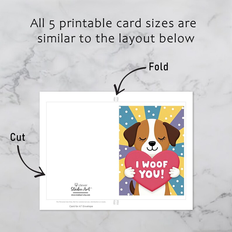 Printable Valentine greeting card that can be downloaded, printed, cut, and folded. The design features a cute puppy holding a pink heart with the phrase I Woof You and a colorful polka dot background.