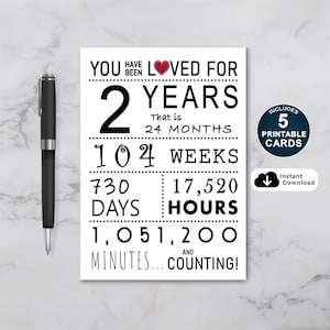 Tarjeta de segundo cumpleaños, tarjeta de cumpleaños imprimible, te han amado durante 2 años, tarjeta de segundo cumpleaños para hija o hijo