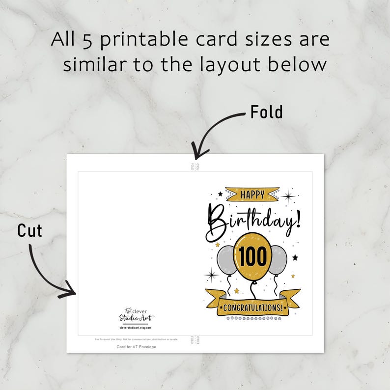 The 100th Birthday Card template includes clear guidelines for cutting and folding after printing. This consistent layout ensures ease of use across all five sizes.