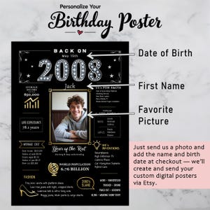 Available in 5 sizes for instant download, our 2008 birthday poster adds retro charm to any celebration or space. Personalize with a name, birth date, and photo for a unique keepsake.