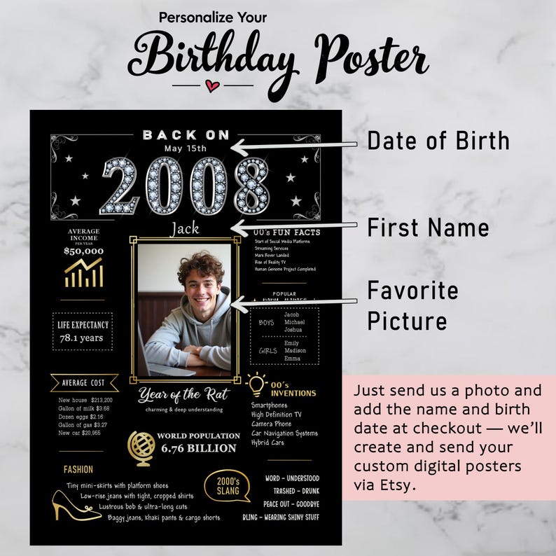Available in 5 sizes for instant download, our 2008 birthday poster adds retro charm to any celebration or space. Personalize with a name, birth date, and photo for a unique keepsake.
