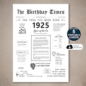 Cartão de aniversário de 100 anos, nascido em 1925, cartão de aniversário para impressão, presente de aniversário de 100 anos para mãe, pai, avó ou avô, download instantâneo