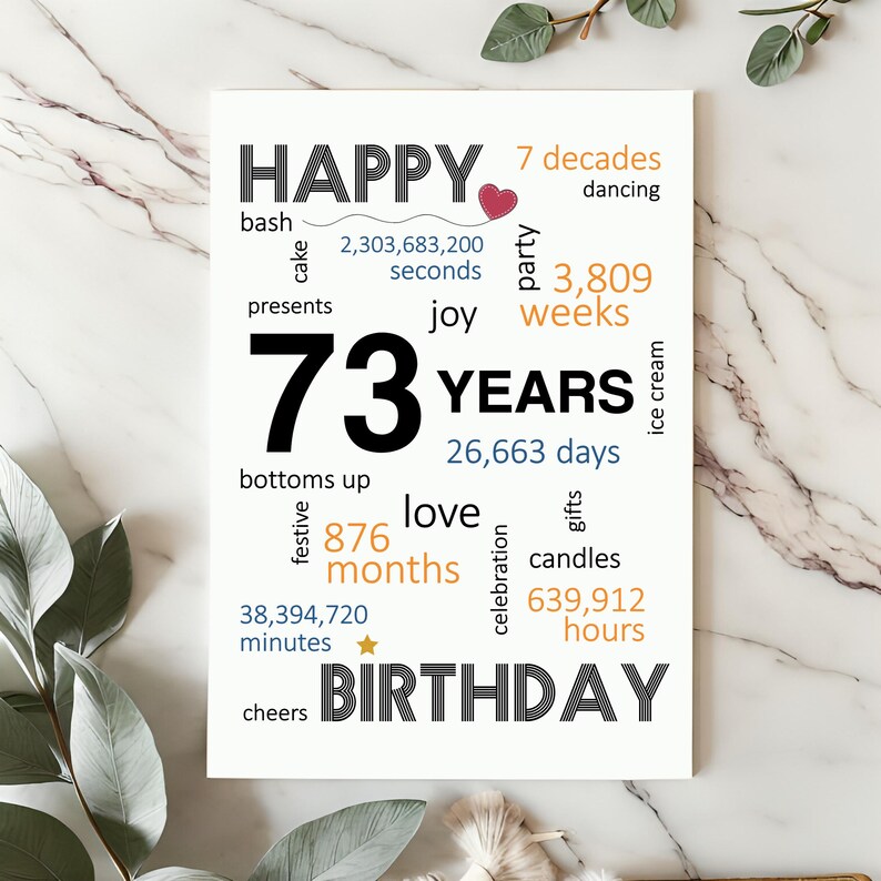 Celebrate a 73rd birthday with an enchanting birthday card featuring joyful birthday wishes, including words like dancing, cake, gifts, festive, and a special mention of the precise years, months, days, and hours.