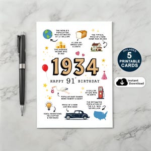 91e verjaardagskaart, geboren in 1934 afdrukbaar, 91e verjaardagscadeau voor vader, moeder, oma, opa, 1934 Fun Facts Card, Instant Download