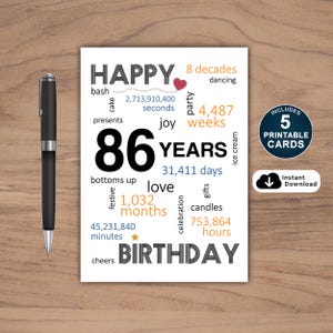 86e verjaardagskaart, kaart voor 86e verjaardag, afdrukbare 86e verjaardagskaart, Instant Download