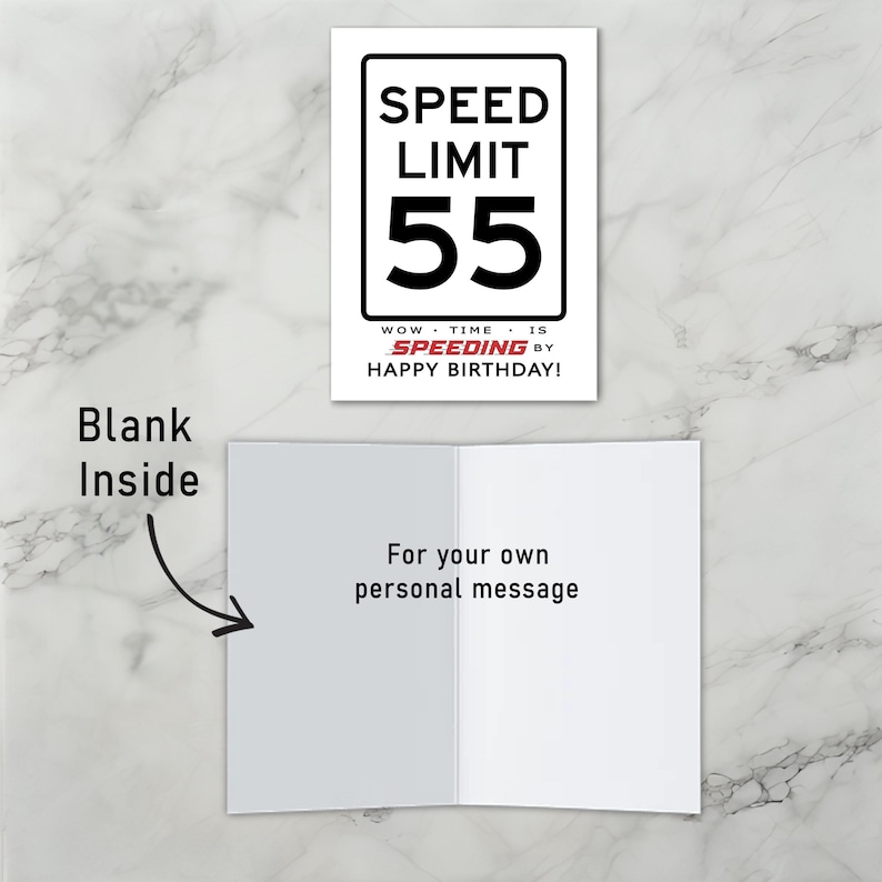 The inside of the 55th Birthday Speed Limit Card is left blank, offering you plenty of space to craft a heartfelt message and add a personal touch to their special birthday.