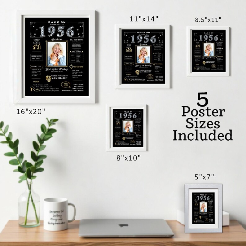 Our 1956 birthday printable comes in 5 sizes, ready for instant download. Perfect for parties, home décor, or framing, it can be personalized with a name, birth date, and photo for a timeless keepsake.