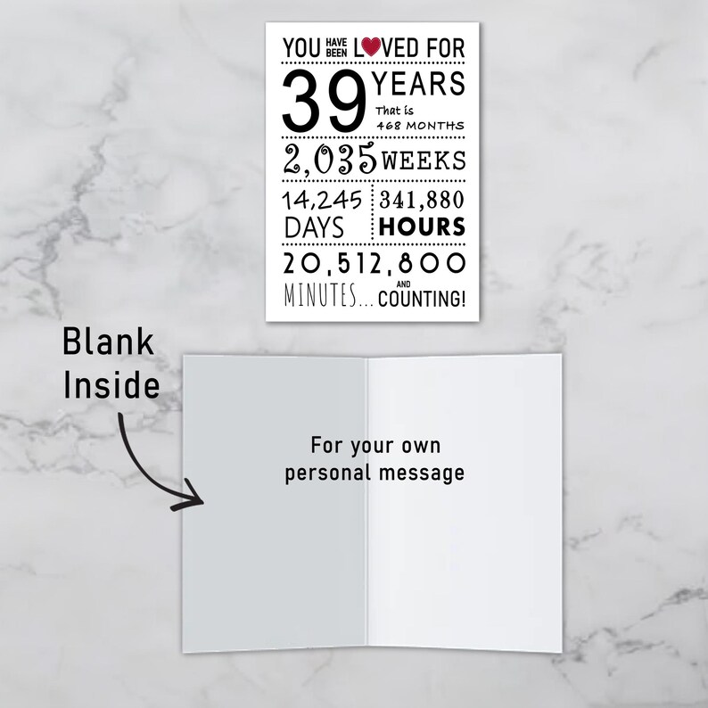 The inside of the 39th birthday printable card is left blank, giving you the space to write a heartfelt message and add a personal touch to their special birthday.